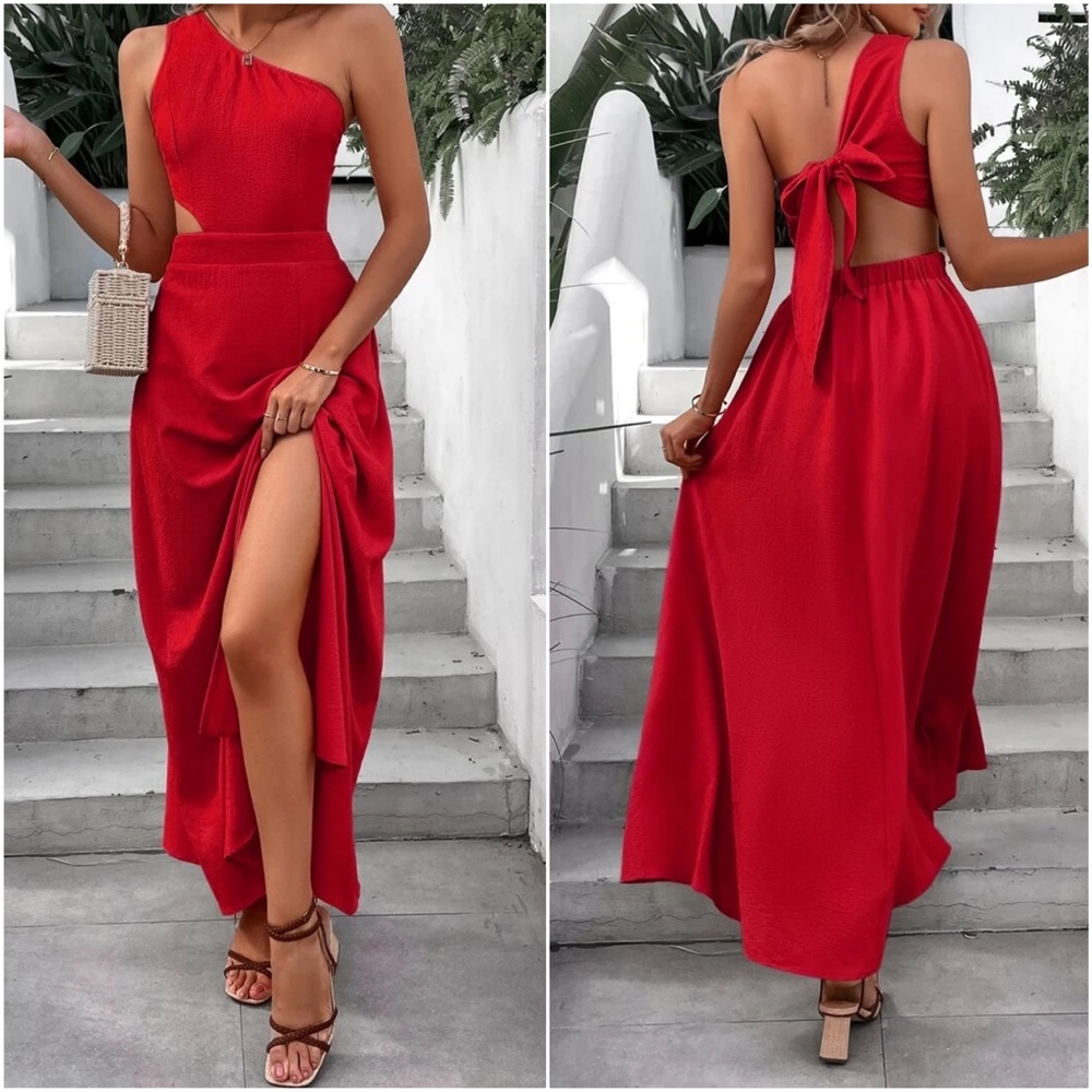 One shoulder Open Back cut out Slit Maxi Dress - Picture 2 of 7